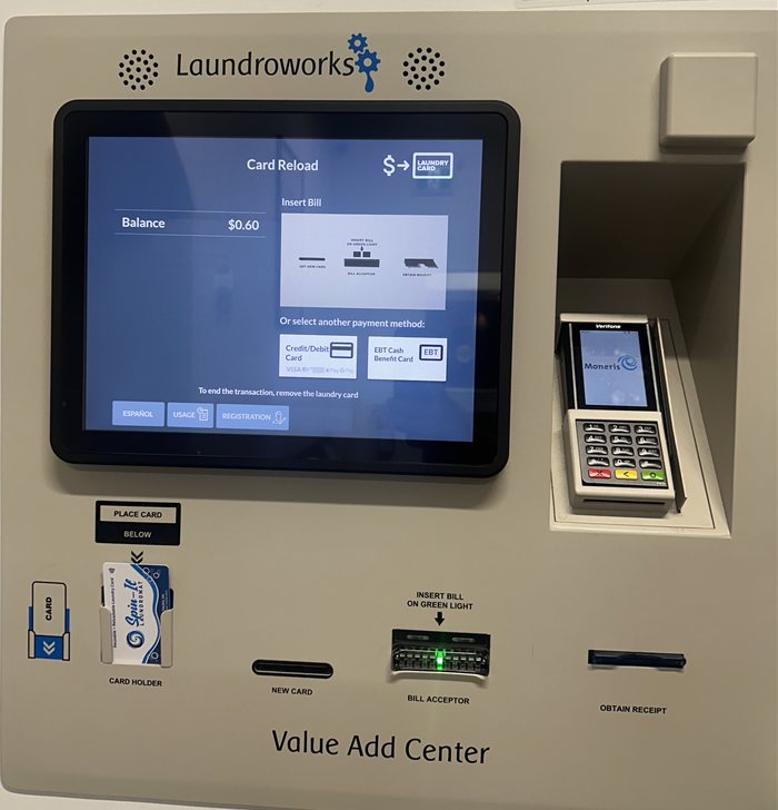 Value Add Center kiosk at Spin-It Laundromat showing the card reload screen